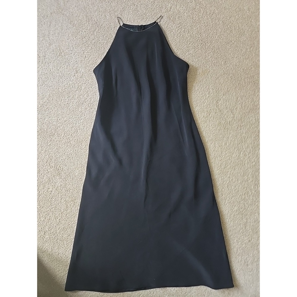 Ralph Lauren 100% Silk Black Cocktail Dress‎ Size 10 Rhinestone Strap & neckline
